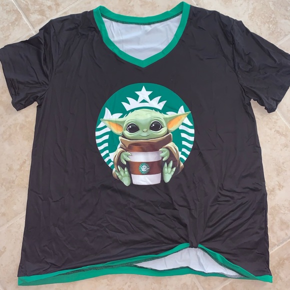 New Baby Yoda Star Wars Starbucks Vneck Tshirt Top Plus Size 2xl Disney - Picture 1 of 2